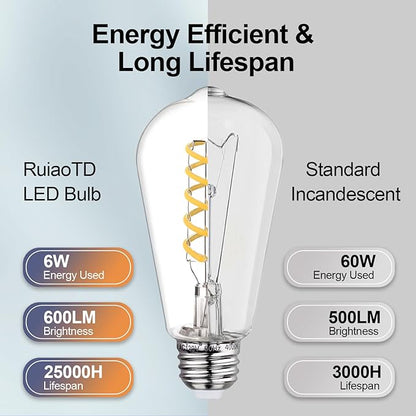 6 PCS ST58/ST19 Spiral LED Bulb, Daylight White 4000K, Antique LED Filament Bulbs with 80+ CRI, 600 LM, 6W Equivalent to 60W, Antique Plastic Style for Home, Dining Room, Office