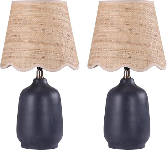 19" Boho Ceramic Table Lamp Set of 2, Handmade Ceramic Base with Rattan Shade, Farmhouse Plug-in Bedside Nightstand Lamps for Bedroom, Living Room, E26 Socket, Black
