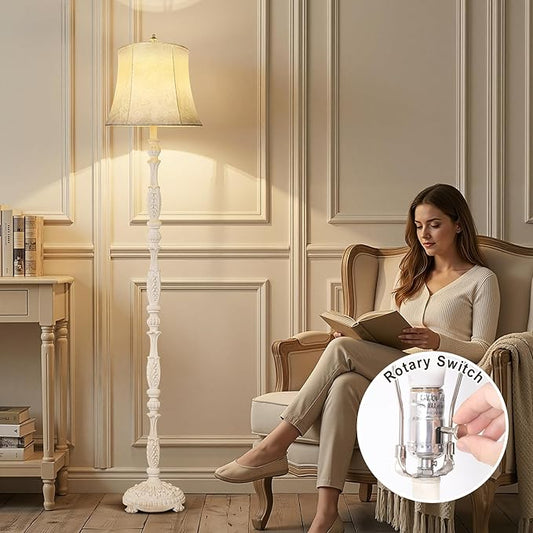 Scenekoy Rustic 66” Wash White Floor Lamp for Living Room Bedroom, Resin Carved Standing Lamp with Faux Leather Shade, Adjustable Bulb, Rotary Switch Rustic Lamp Decor for Home Room Office