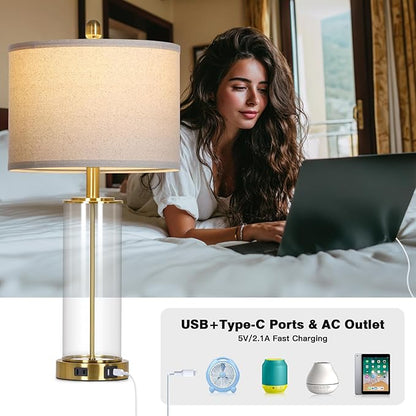 26 Inch Gold Glass Table Lamp Single, 3-Way Dimmable Touch Lamp for Living Room, Modern Bedroom Lamp with USB C+A Ports & Outlet, Classic Bedside Brass Lamp for Nightstand Side End Table Decoration