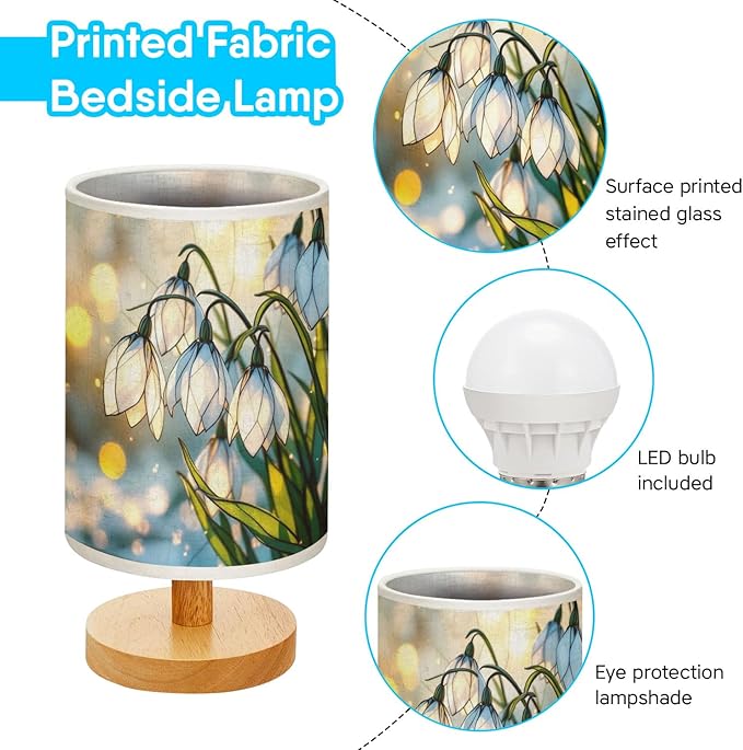 Snowdrop Table Lamp LED 3-Color Pressed Bedside, Snowdrop Shade Lamp with Wood Base for Bedroom Living Room Desk Office TL01
