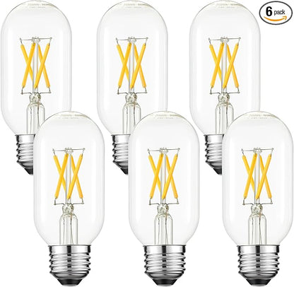 LiteHistory T14 T45 LED Bulb,6W E26 LED Bulb Dimmable Equivalent E26 Bulb 60 Watt,Warm White 3000K E26 Edison Bulb,AC120V,600lm,CRI85,Clear Glass,Tubular Light Bulb,ETL Listed,Pack of 6