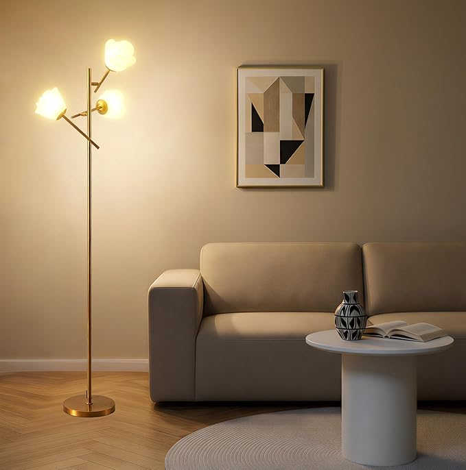 Fiqevs Gold Floor Lamp for Living Room, 3 Head Flower Tree Standing Lamp with Adjustable Lampshade, Bulbs Included, LED Sputnik Mid Century Modern Tall Reading Lamp for Bedroom, Office