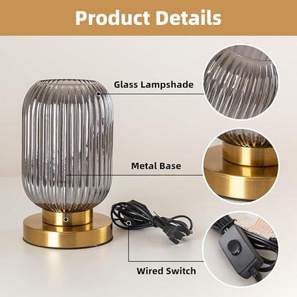 Bedside Table Lamp with Glass Shade, Small Nightlight Lamp Elegant Gray Ribbed Glass Nightstand Lamp Modern Desk Lamp with Plug-in Style for Bedroom Living Room Tabletop Dia5.9 x H9.8