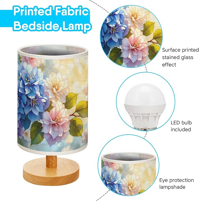 Hydrangea Table Lamp LED 3-Color Pressed Bedside, Hydrangea Shade Lamp with Wood Base for Bedroom Living Room Desk Office