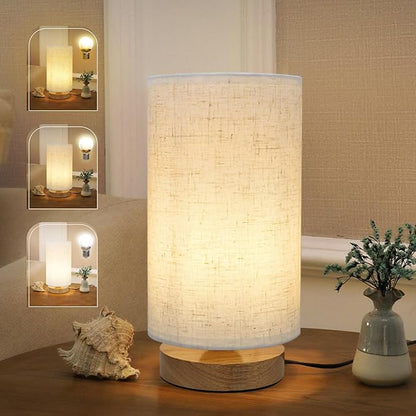Minimalist Dimmable Nightstand Lamp with Round Fabric Linen Shade, 3 Color Temperatures, Desk & Bedside Lamp for Study, Living Room, Bedroom, Office, Dorm