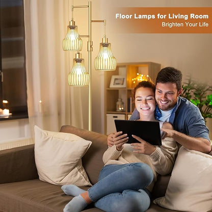 Dimmable Gold Floor Lamps for Living Room, 70" Farmhouse Tree Standing Tall Lamps with 3 Elegant Cage Shade & 800 Lumens LED Bulbs for Bedroom Office