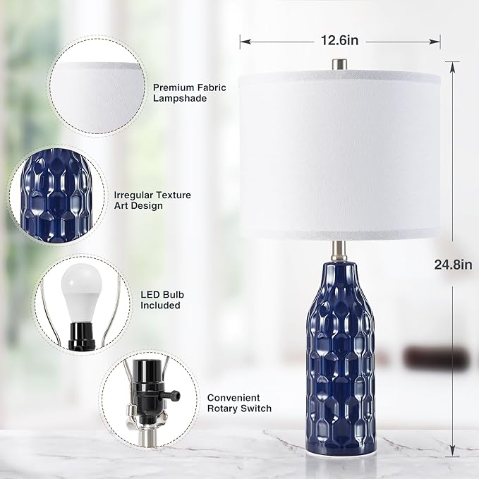 Luvkczc 24.8" Ceramic Table Lamps Set of 2 for Nightstand -Color Temperature&Bulbs Included, Bedside Lamps for Living Room Bedroom Home Office Table Decor, Navy Blue