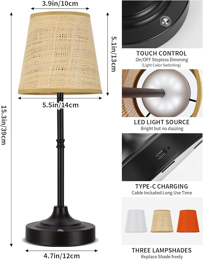 Cordless Table Lamp,5200mAh Battery Operated Fabric Shade Desk Lamp,Three Color Stepless Dimmable Small Touch Lamp, Night Light for Dining Room, Bedroom, Bar,LED Night Light, Camping, Balcony
