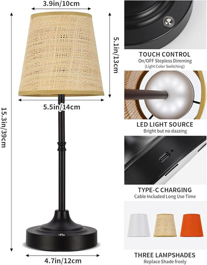 Cordless Table Lamp,5200mAh Battery Operated Fabric Shade Desk Lamp,Three Color Stepless Dimmable Small Touch Lamp, Night Light for Dining Room, Bedroom, Bar,LED Night Light, Camping, Balcony
