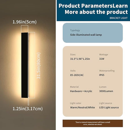 2 Pack Outdoor Wall Mounted Light, 31.4inch Modern Black Long Exterior Sconce, 3 CCT 3000K/4500K/6000K, 31W, IP65 Waterproof Porch Lighting for Patio, Yard, Garage, House