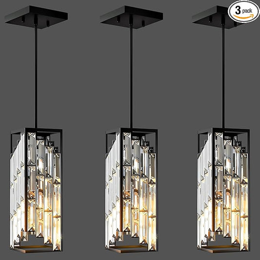 Black Pendant Lights Kitchen Island 3 Pack, Mini Crystal Chandeliers, Modern Pendant Lights Ceiling Lighting Fixtures for Kitchen Island, Dinning Room, Bedroom