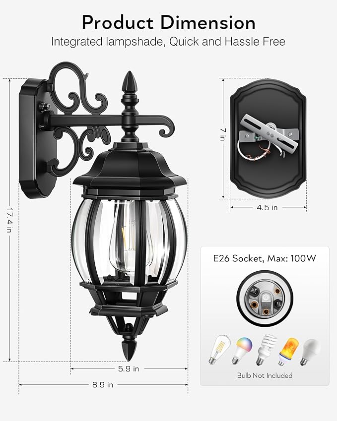 VIANIS Exterior Lighting Fixtures for House, Black Dusk to Dawn Front Porch Light Wall Mount with Tempered Bevel Glass, 100% Aluminum Waterproof Outdoor Wall Sconce Lantern for Garage Patio, Anti-Rust