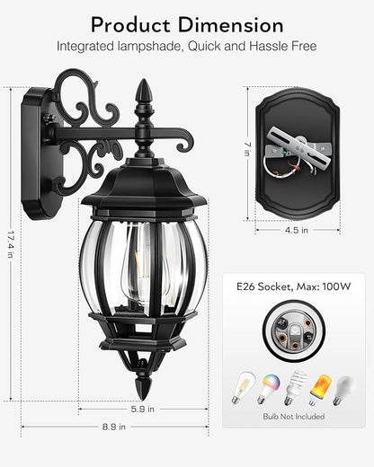 VIANIS Dusk to Dawn Outdoor Lighting Fixture for House, Black Exterior Wall Light Wall Mount Sconce with Tempered Glass, Modern Front Porch Light Lantern for Patio, Anti-Rust Coach Lights for Garage