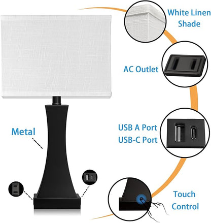 Table Lamp for Bedroom 3-Way Dimmable Touch Control Bedside Lamp with USB A+C Port & AC Outlet 21.6" Tall Nightstand Lamp for Living Room Office and Hotel Bulb Included