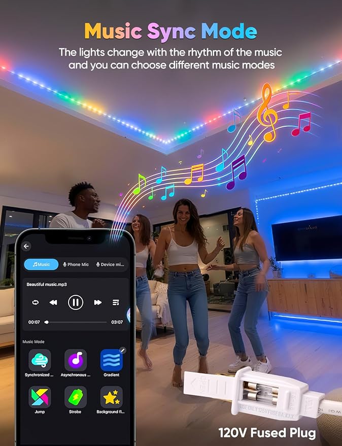 33FT Outdoor LED Strip Lights RGB+IC with Warm&Cool White, ETL Listed Music Sync Light Strip AC 120V, IP65 Waterproof and Connectable, for Party Festival Eave Porch Patio Every Day Decor