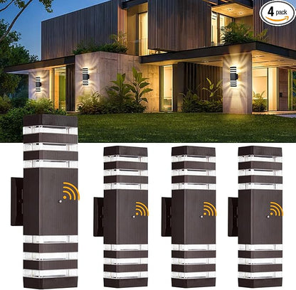 DASTOR 4 Pack Dusk to Dawn Light Fixture, Modern Wall Lights Brown Exterior Sconce for House, 3000K Up and Down Outdoor Porch Lights Wall Sconce for Garage Patio