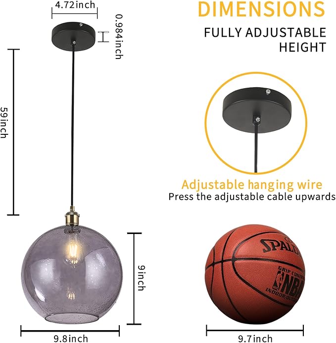 Grey Glass Pendant Lights Kitchen Island Lighting Globe Pendant Light Fixtures Modern Kitchen Island Lighting for Dining Room Bedroom -9.8inch