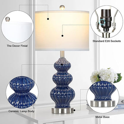26" Blue Table Lamp Set of 2 with Rotary Control, Ceramic Table Lamps Classic Beside Lamps Nightstand Lamp Modern Table Lamp for Living Room,LED Bulbs Included