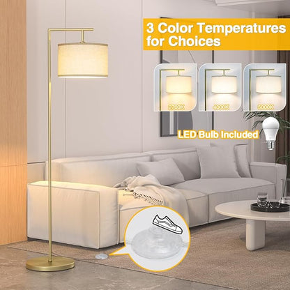 Floor Lamp for Living Room with 3 Color Temperatures Standing Lamp with Adjustable Beige Linen Lampshade Tall Lamps for Bedroom Office Classroom Dorm Room, 9W LED Bulb Included, Gold