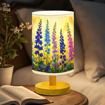 Larkspur Table Lamp LED 3-Color Pressed Bedside, Larkspur Shade Lamp with Wood Base for Bedroom Living Room Desk Office