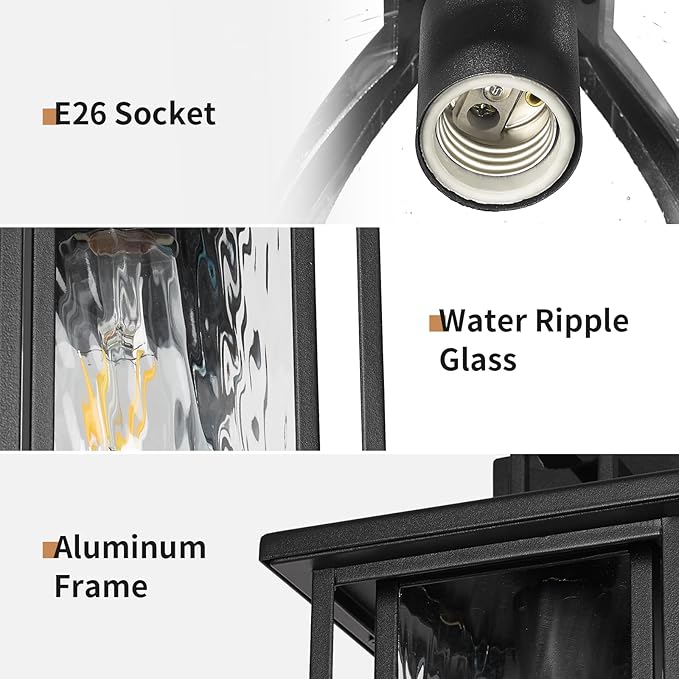 JYZ Dusk to Dawn Outdoor Wall Sconce, 12 Inch Exterior Wall Mount Lantern with Aluminum Frame, Weatherproof Black Porch Light Fixture for Front Door, Garage, Patio, Backyard, Garden JYOWL05
