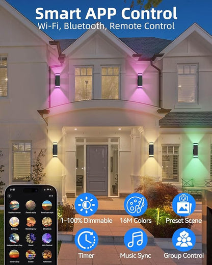 Smart Outdoor RGB Wall Lights, Wi-Fi & App Control Color Changing Up and Down Wall Sconce with Remote, Dusk to Dawn Waterproof Exterior Light Fixture Works with Alexa, Google Assistant, Black Finish