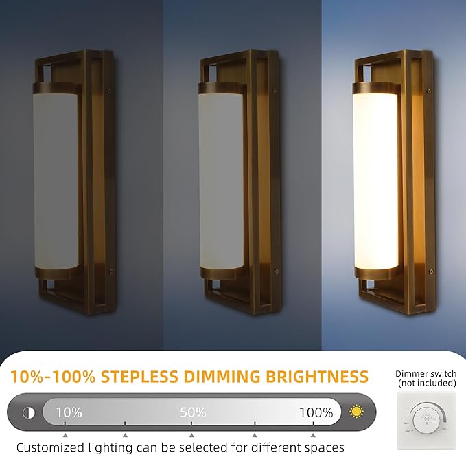 Hyunbae Outdoor Wall Sconce, Mid Century Modern Outdoor Wall Light Fixtures, 15W Dimmable LED Exterior Lights for House Patio Porch Garage Entryway Doorway, Brass, 3000K
