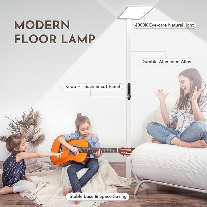 120W Led Floor Lamp, 10500LM Full Spectrum Eye Care Standing Lamp, 77" Motion Sensor Floor Lamps, Bright Reading Floor Lamp for Living Room, Study Room, Bedroom, Office, 4000K Natural Daylight