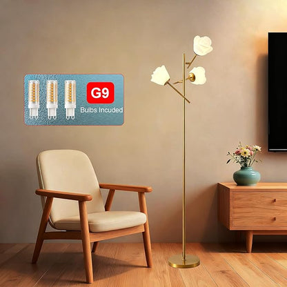 Fiqevs Gold Floor Lamp for Living Room, 3 Head Flower Tree Standing Lamp with Adjustable Lampshade, Bulbs Included, LED Sputnik Mid Century Modern Tall Reading Lamp for Bedroom, Office