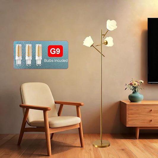 Fiqevs Gold Floor Lamp for Living Room, 3 Head Flower Tree Standing Lamp with Adjustable Lampshade, Bulbs Included, LED Sputnik Mid Century Modern Tall Reading Lamp for Bedroom, Office