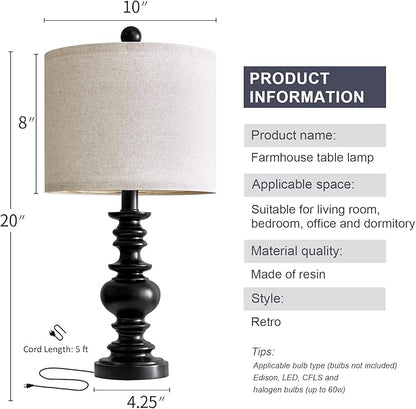 BOBOMOMO 20" Table Lamp Set of 2 for Bedroom Living Room Vintage Rustic Traditional Nightstand Bedside Lamps（Suitable for Decorating Small Areas）