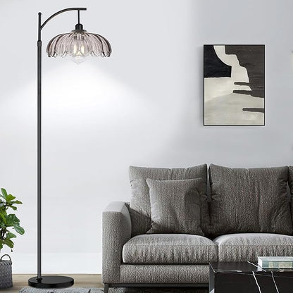 Arc Floor Lamps for Living Room with Remote,Black Dimmable Floor Lamp with Gray Glass Shade,Unique Vintage Flower Standing Tall Lamp,Modern Mid Century Floor Lamps for Bedroom Office Corner