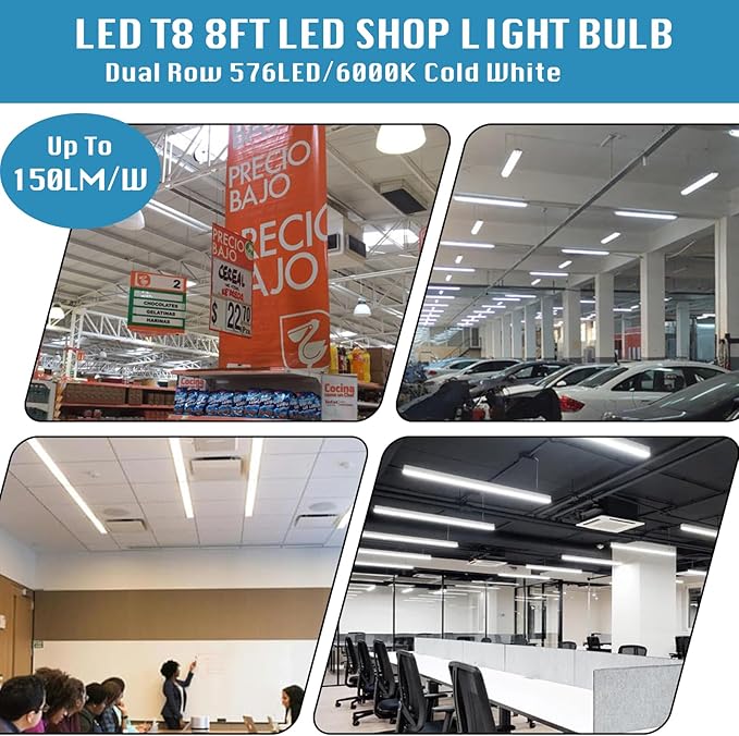 (4-Pack),T8/T10/T12 8FT LED Tube Light, Single Pin FA8 Base, 100W 15000LM 6000K Cold White, 180 Degree Flat Shaped LED Fluorescent Bulb (250W Equiv.), Clear Cover, Dual-Ended Power