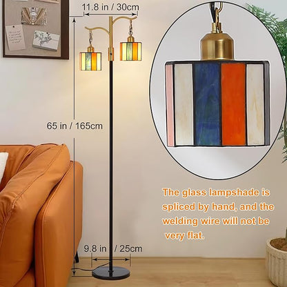 Vintage Dimmable Floor Lamp, Tiffany Standing Lamp with 2 Stained Glass Shades, Rustic Farmhouse Floor Lamp with Black and Gold Finish for Living Room Bedroom
