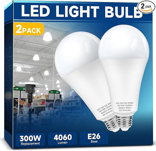 300W Equivalent LED Light Bulb, Super Bright 4060 Lumen, 5000k Cool Daylight White, A23 E26 Medium Base, 33 Watt LED Bulb, No-dim, for Garage Warehouse Workshop Backyard Patio Supermarket, 2-Pack