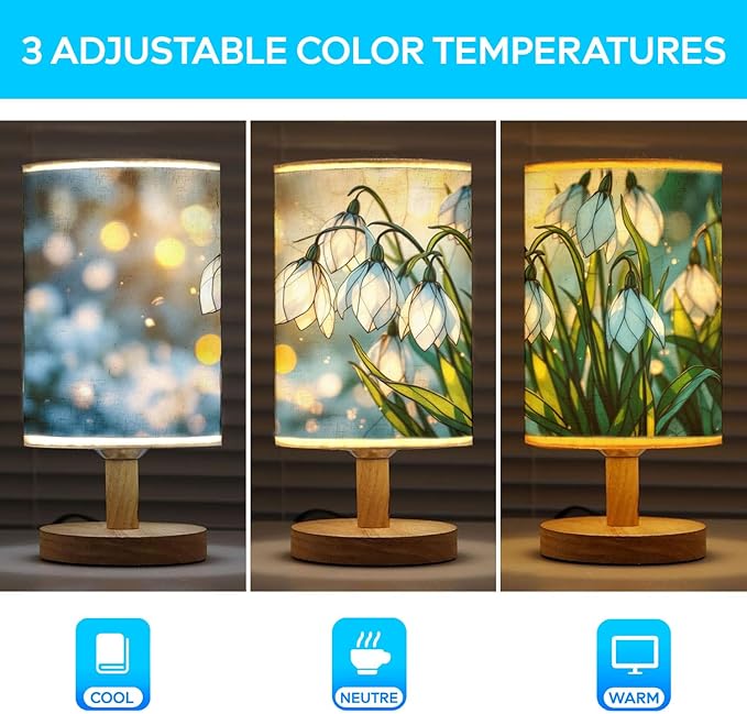 Snowdrop Table Lamp LED 3-Color Pressed Bedside, Snowdrop Shade Lamp with Wood Base for Bedroom Living Room Desk Office TL01