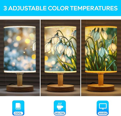 Snowdrop Table Lamp LED 3-Color Pressed Bedside, Snowdrop Shade Lamp with Wood Base for Bedroom Living Room Desk Office TL01