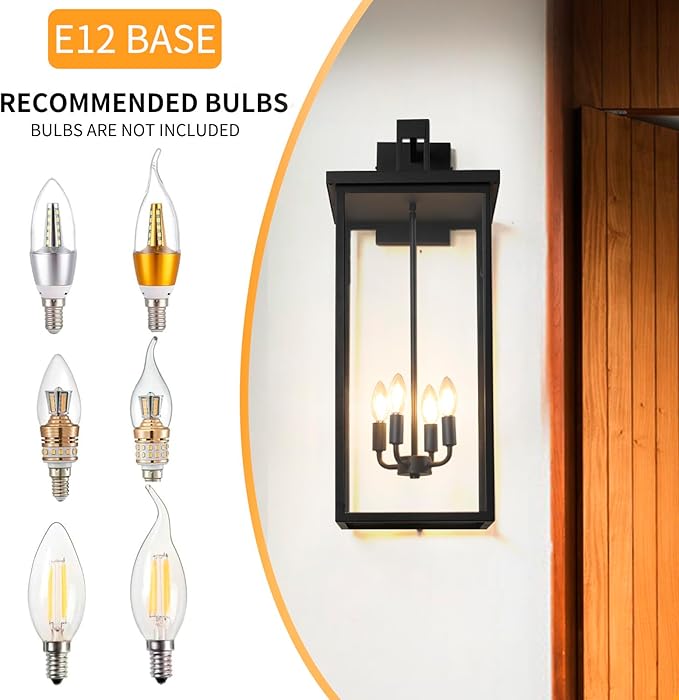 26 in Large Outdoor Wall Lantern, Modern Matte Black Exterior Light Fixtures for House with Clear Glass Shade, Large Outdoor Light Fixtures Wall Mount E12 Base Garage & Porch Wall Light