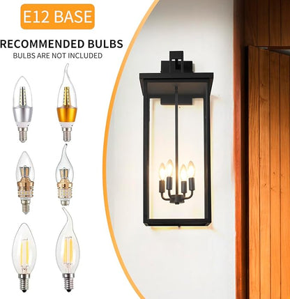 26 in Large Outdoor Wall Lantern, Modern Matte Black Exterior Light Fixtures for House with Clear Glass Shade, Large Outdoor Light Fixtures Wall Mount E12 Base Garage & Porch Wall Light