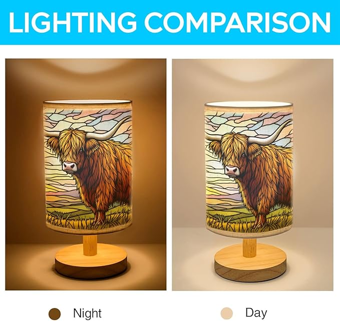 Highland Cow Table Lamp LED 3-Color Pressed Bedside, Highland Cow Shade Lamp with Wood Base for Bedroom Living Room Desk Office TL01