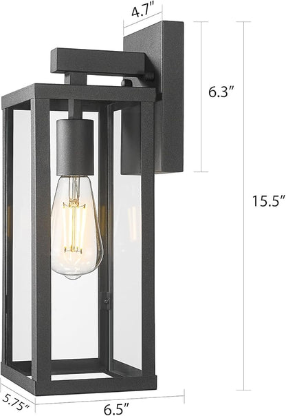 Outdoor Wall Light with Clear Glass, Anti-Rust Exterior Wall Sconce, Weather Resistant Outdoor Lantern, Exterior Lighting for Porch, Patio, Garage, Entryway (Black, 15.5" Height-2 Pack)