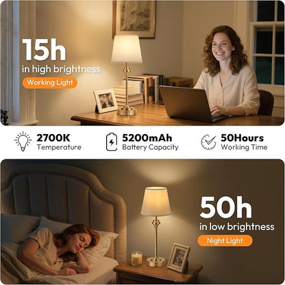 NIORSUN Portables Cordless Table Lamp Set of 2, Battery Operated Lamp, Bedside Table Lamp with Warm White,3 Way Dimmable Touch Desk Lamp for Bedroom Living Room Restaurant Whtie Shade (Gold)