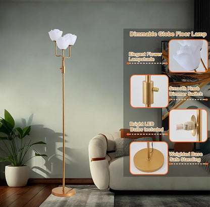 Fiqevs Dimmable Flower Floor Lamp for Living Room, Vintage Floor Lamp with 3 LED Bulbs, Mid Century Gold Standing Lamp with Acrylic Shade, Floral Tall Lamp for Bedroom Office - Antique Brass