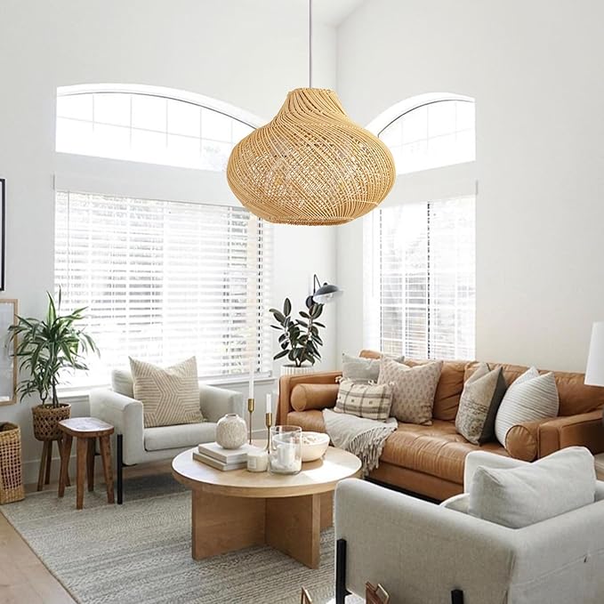 2-Light Rattan Pendant Light,14.96" Hanging Light,Round Wicker Pendant Light Hand-Woven Rattan Chandelier for Workplace Dining Living Bedroom Kitchen Farmhouse