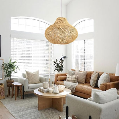2-Light Rattan Pendant Light,14.96" Hanging Light,Round Wicker Pendant Light Hand-Woven Rattan Chandelier for Workplace Dining Living Bedroom Kitchen Farmhouse