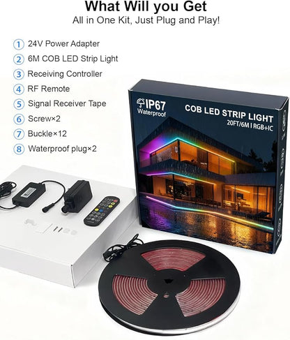 COB LED Strip Lights, RGB Smart IC, IP67 Waterproof, Dimmable 20FT/6M, Color Flowing Tape Light with App Control & Music Sync, Dotless LED Light for Outdoor, Patio, christmas & Party Decorations