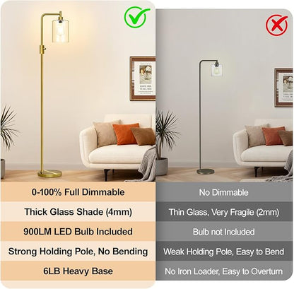 【Upgraded】Dimmable Floor Lamp for Living Room with Clear Glass Lampshade, Brass Modern Floor Lamp with 900LM Edison Bulb Included, Bright Standing Tall Lamp for Bedroom, Office, Reading Room, Corner
