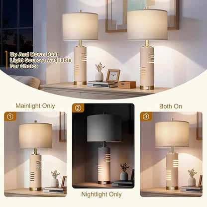 27.5" Faux Stone Table Lamps Set of 2 with Night Light, Farmhouse Lamps for Living Room with USB A+C Ports, Bedside Table Lamps with Linen Shade for Bedroom Nightstand Office (Bulb Included)
