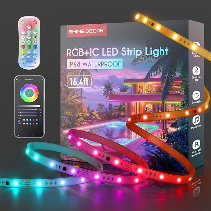 Shine Decor IP68 LED Strip Light 16.4 FT, DC 24V RGB+IC LED Strip Lights, Outdoor Rope Lights with Remote APP Control Music Sync, Color Chasing LED Lights Strip for Chrismas, Pool, Home Decor